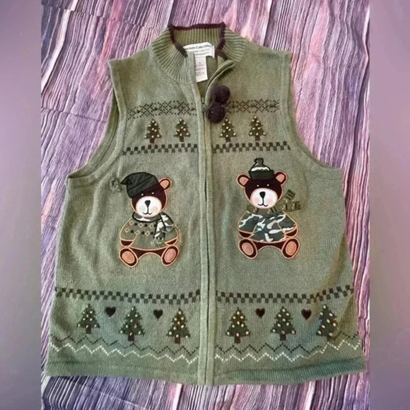 Heirloom Collectibles Christmas Collection Green Zip Vest Camo Bears Size XL - Picture 1 of 7